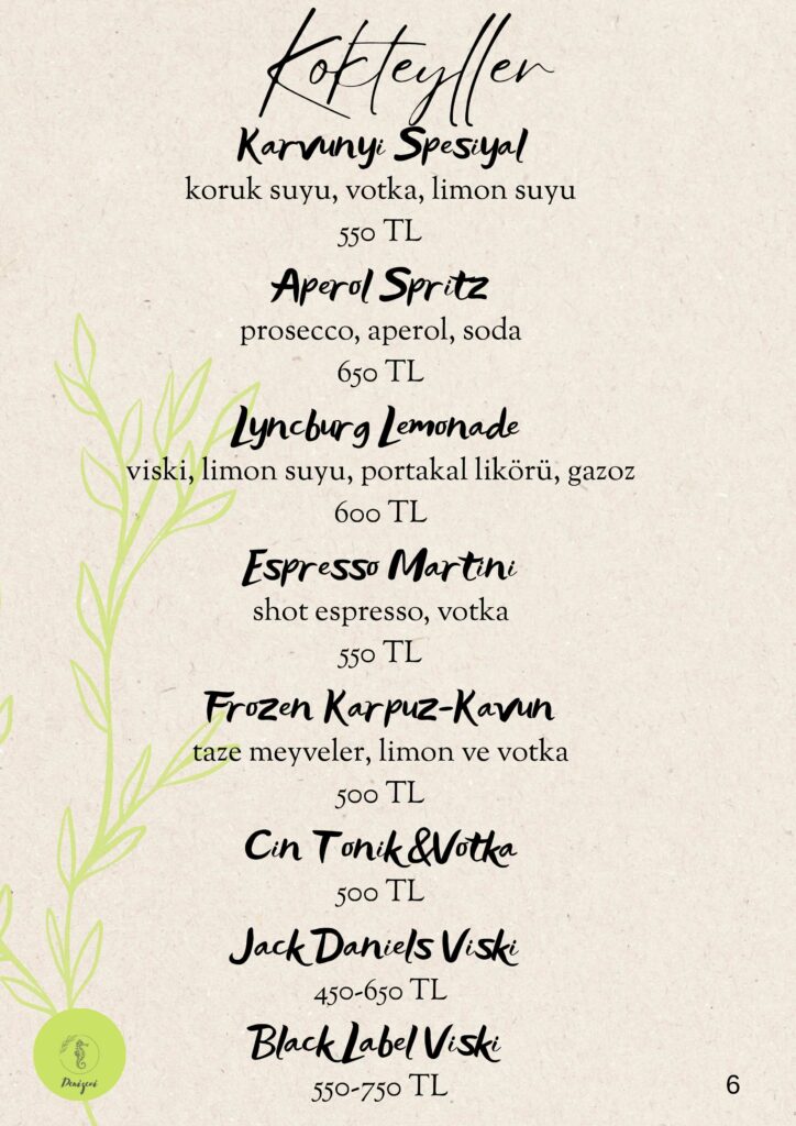Denizevi Restoran özel kokteyl menüsü, Karvunyi Spesiyal, Aperol Spritz, Espresso Martini ve viskiler