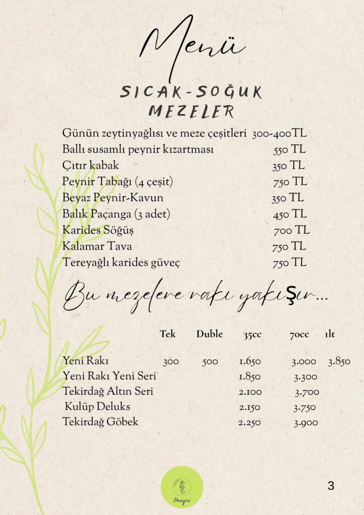 Denizevi Restoran sıcak soğuk meze çeşitleri, kalamar, karides ve rakı menüsü